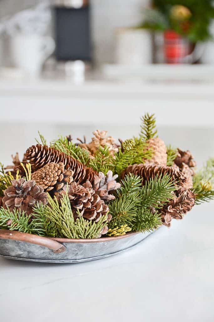 tray of pinecones and greens on a white counter