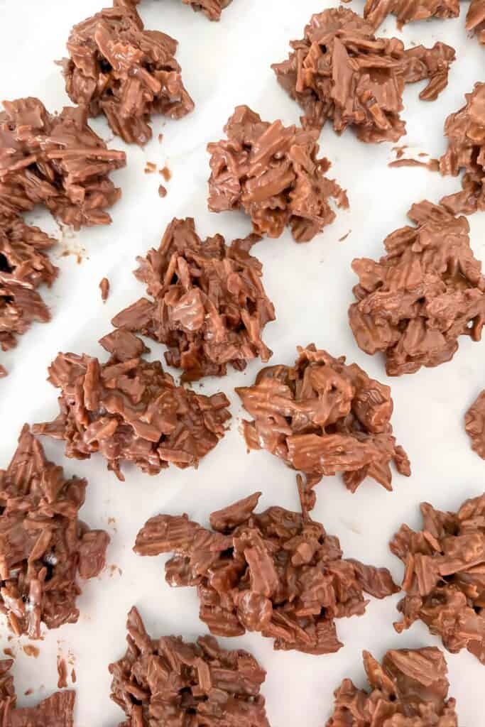 No bake haystack cookies setting on parchment paper before firming up