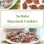 3 ingredient no bake haystack cookies on a white cake stand with evergreen garland, pinecones, and powdered sugar
