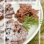 No bake haystack cookies dusted with powdered sugar on a white plate with evergreen accents