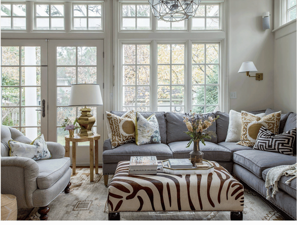 animal print upholstered coffee table, and pattern on pattern pillows on a sofa
