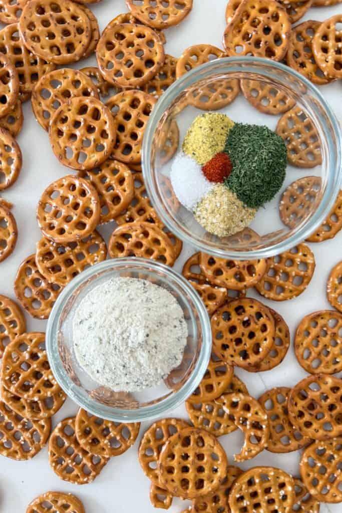 Ingredients for seasoned ranch pretzel bites with butter snap pretzels and herbs
