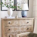 chest with a blue and white lamp on it