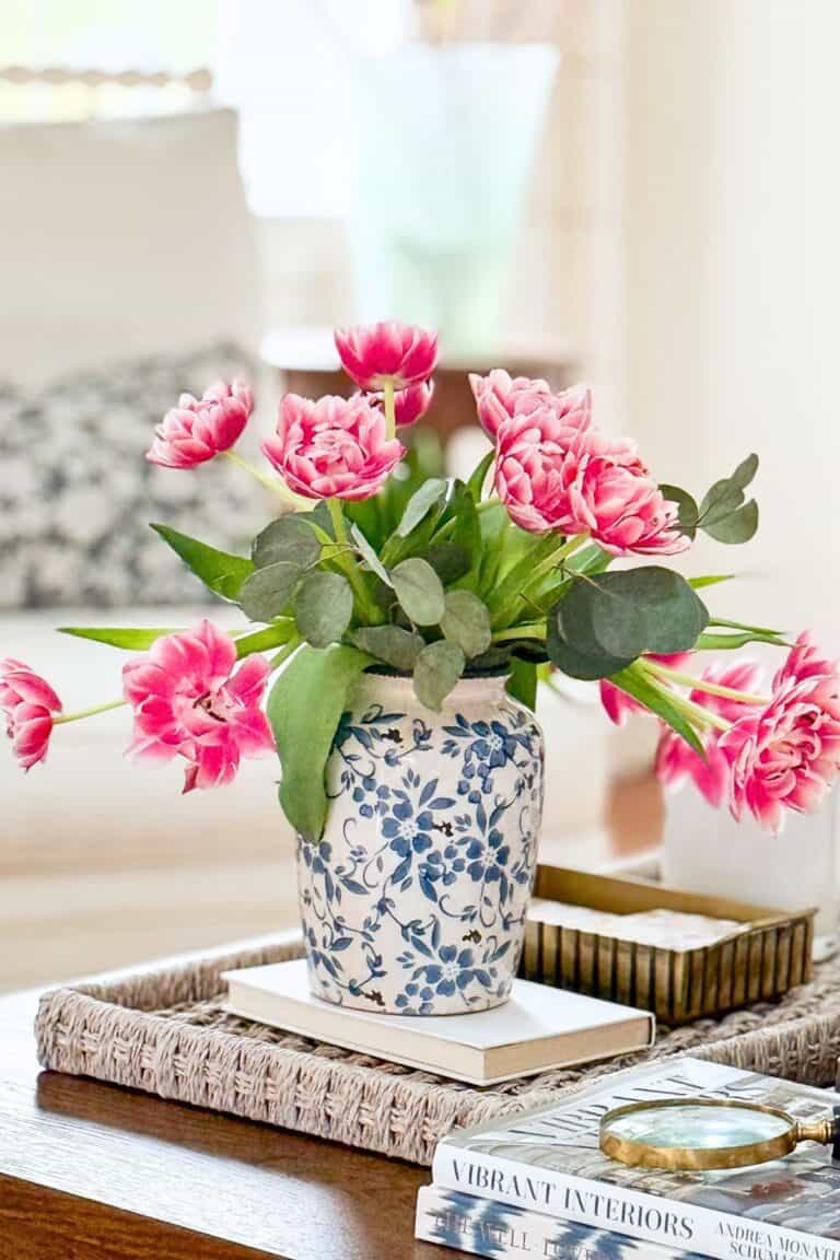 Pink Tulips in a blue and white chinoiserie vase.