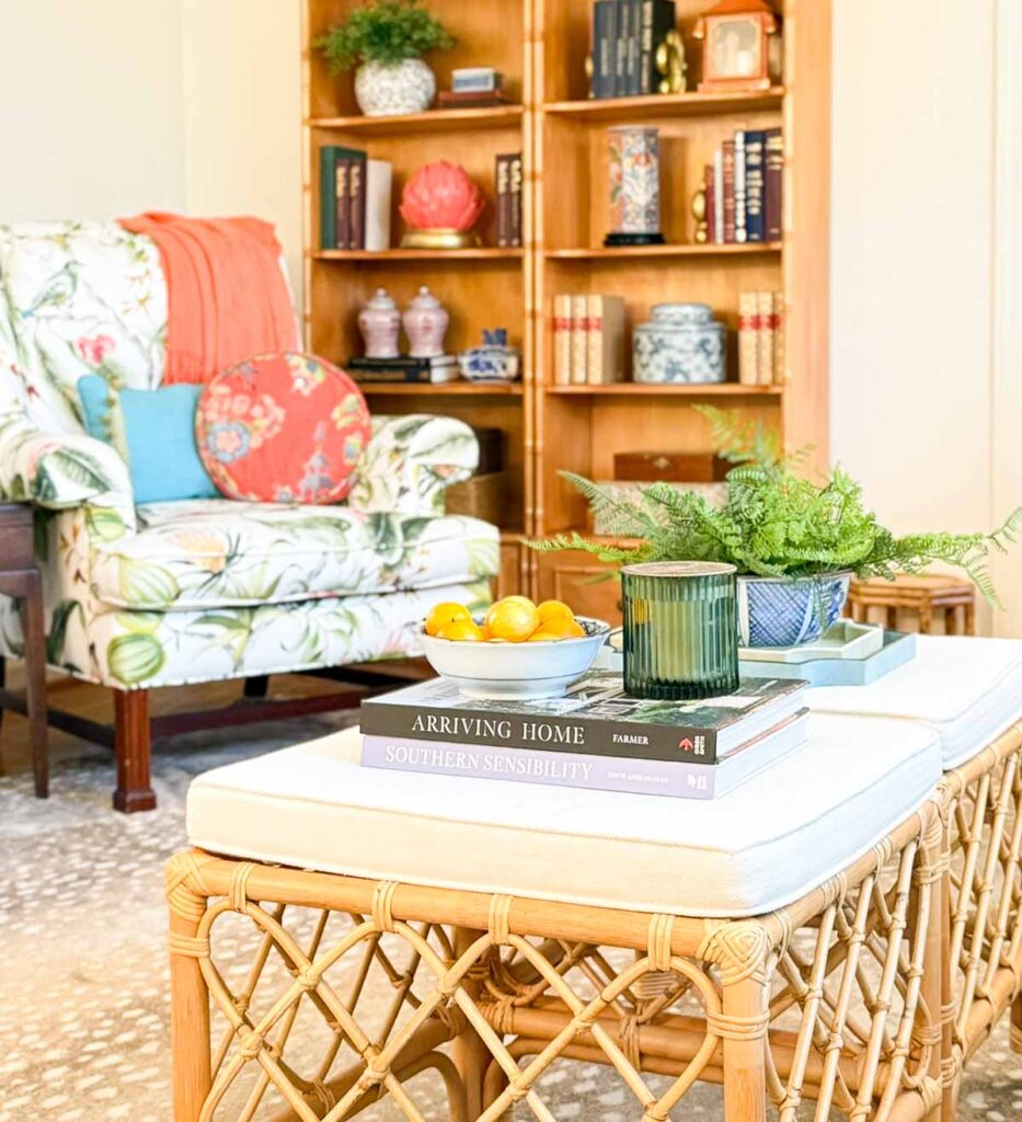 colorful living room with chair and wicker coffee table