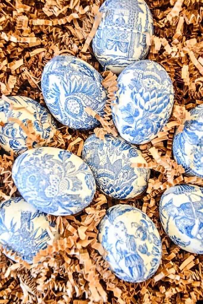 Blue and white chinoiserie decoupage Easter eggs in a nest
