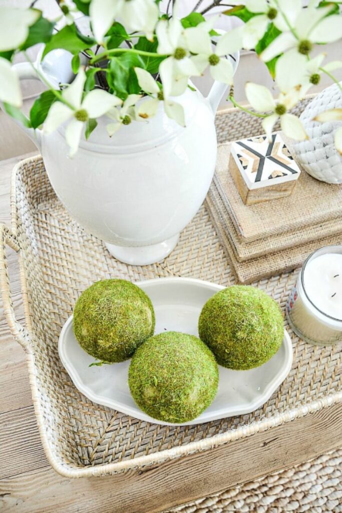 coffee table styled with tray, white pitcher with flowers, moss balls, candle and stacked books