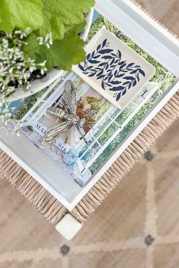 coffee table tray styled with books, small decorative accents and greenery