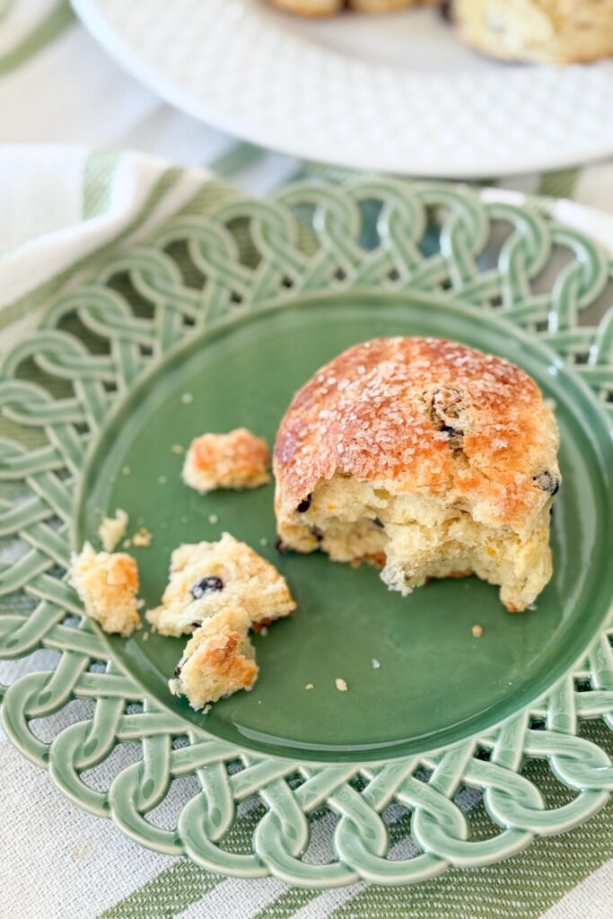 rish soda bread scone with currants showing tender crumb and sanding sugar topping