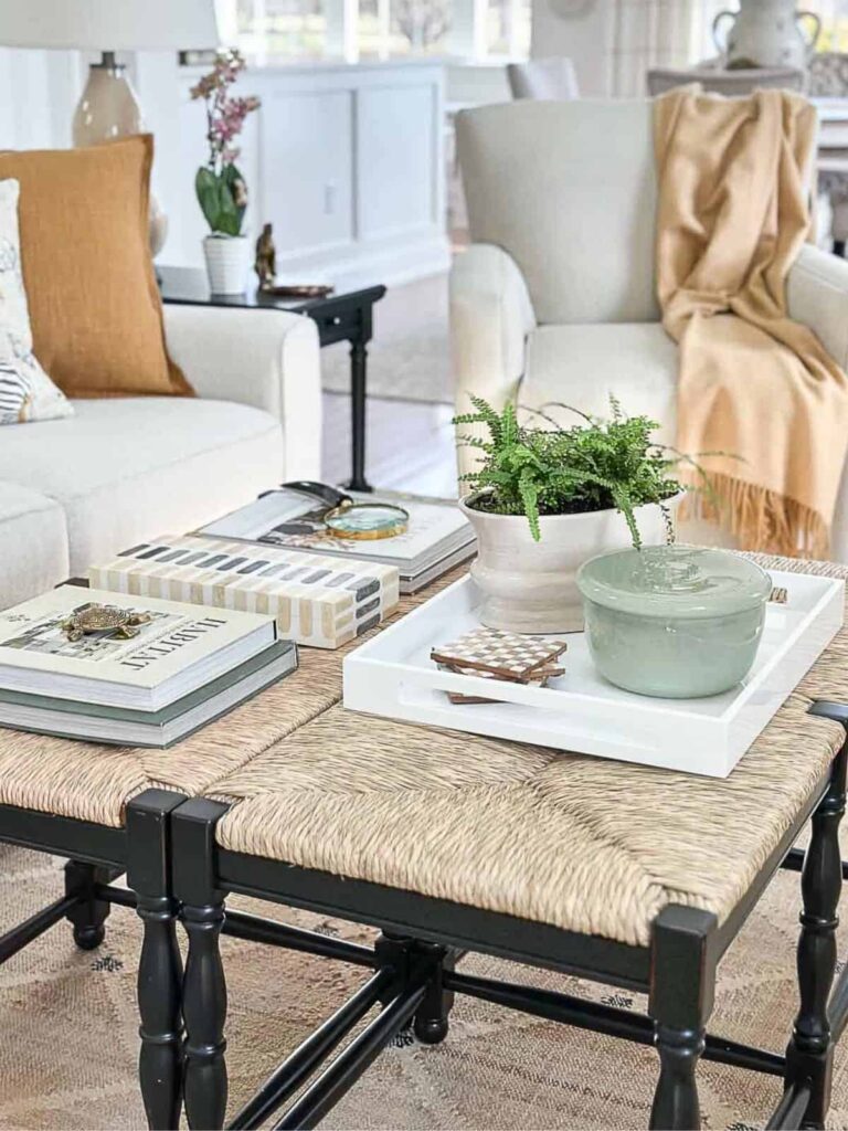large coffee table styled with books, white tray, greenery, and decorative accents in a neutral living room