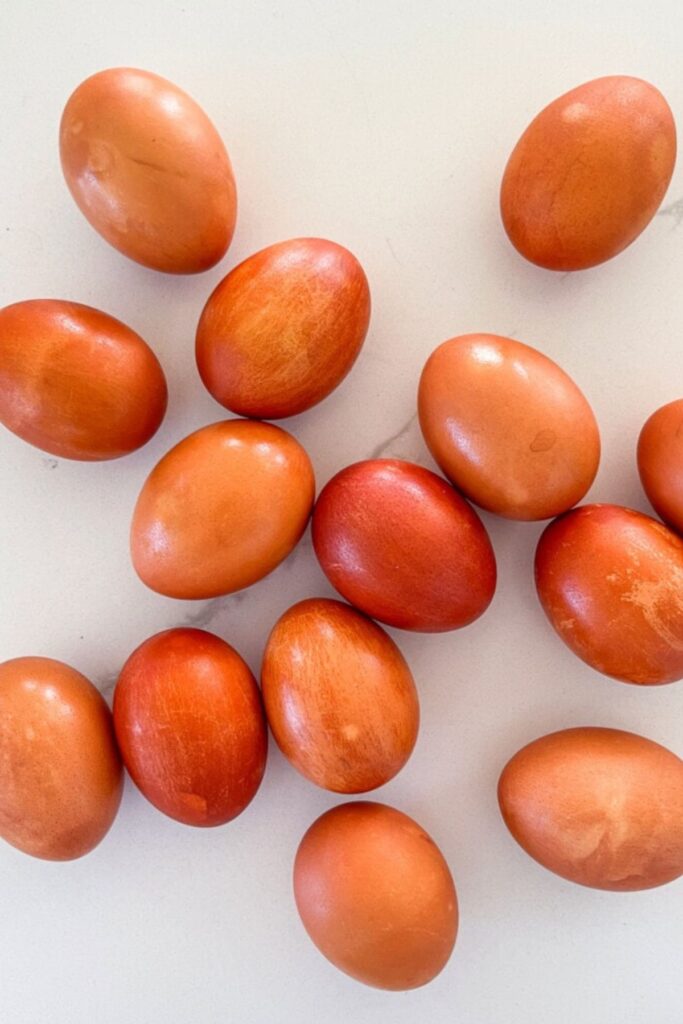 Easter eggs naturally dyed with onion skins in warm brown and copper tones