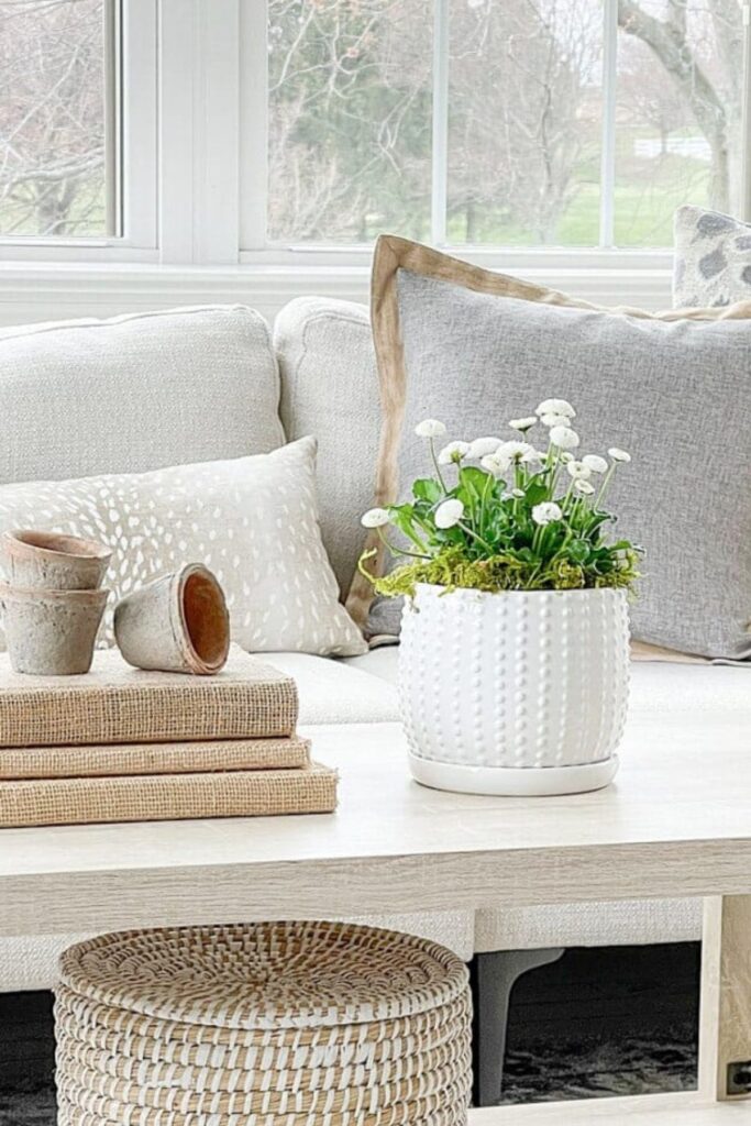 neutral coffee table styled with stacked books, small planters, and woven basket underneath in a light living room
