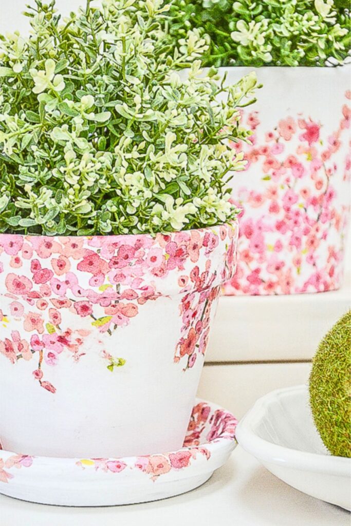 spring decoupage tissue planter diy with pink floral design and greenery