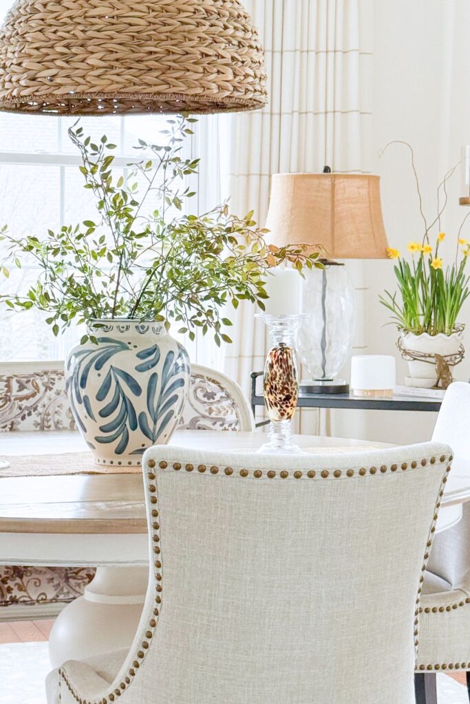 the back of a newly upholstered chair in the spring dining room