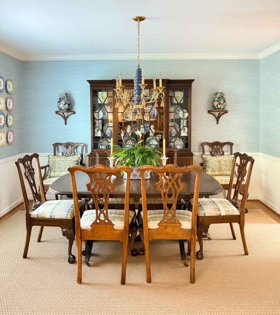 dining room with blue wallpaper
