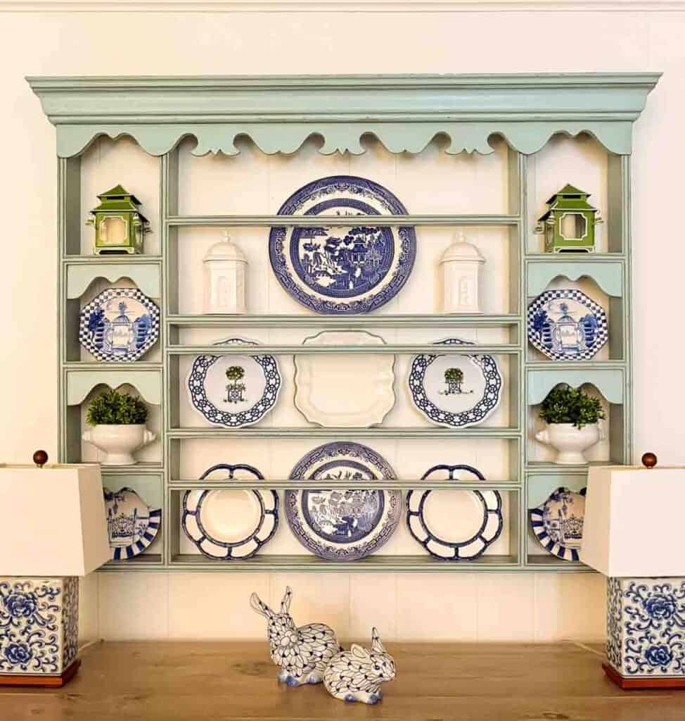 beautiful light aqua plate rack with blue and white plates