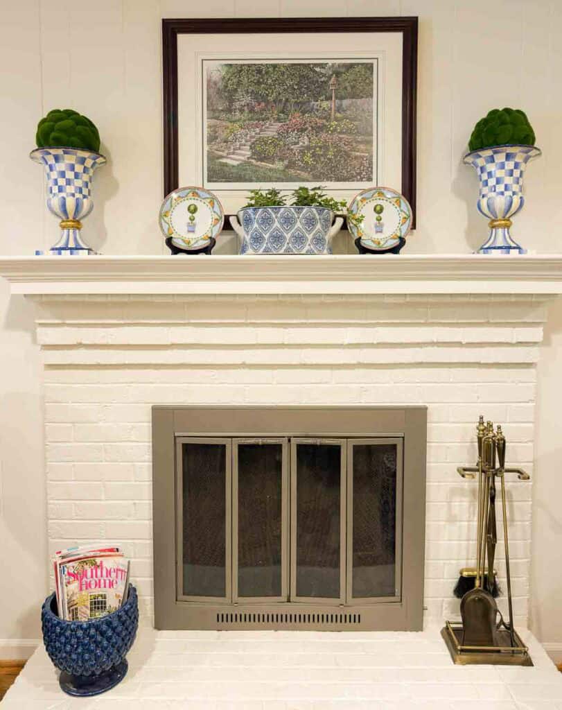 Fireplace with blue and white accent decor