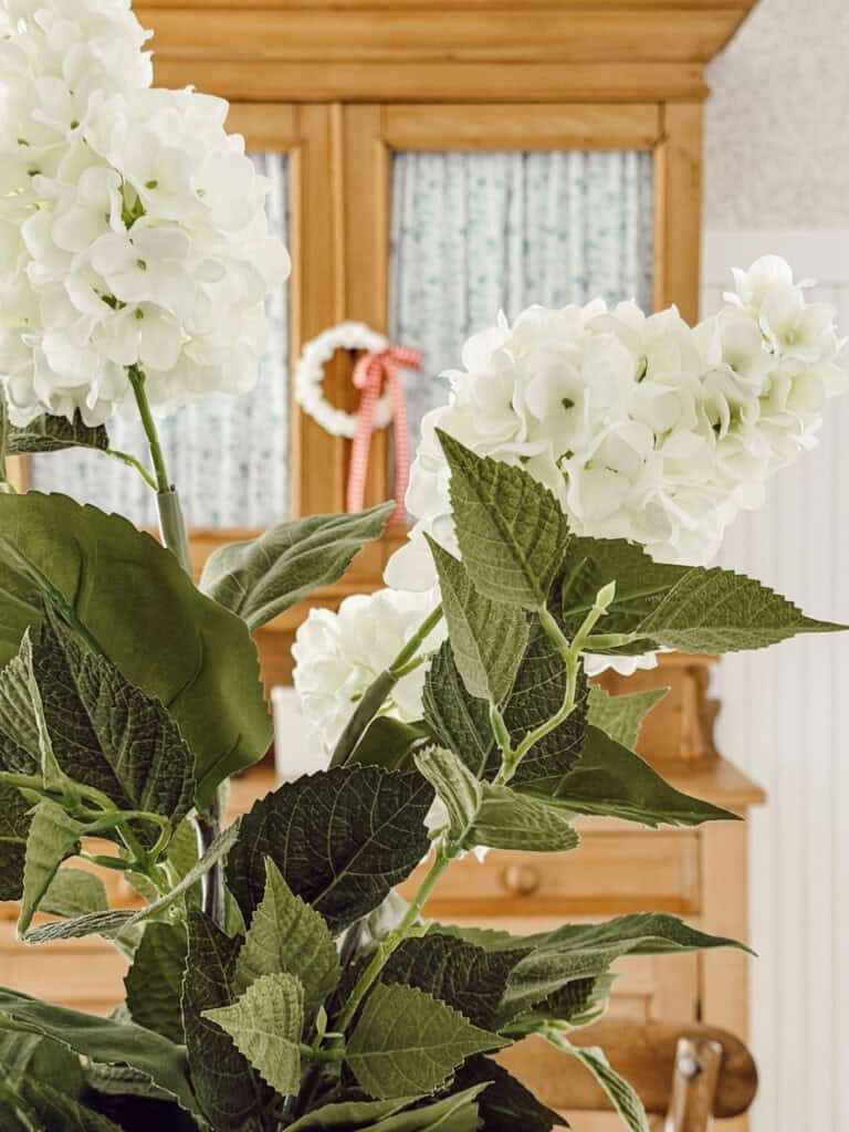 white hydrangeas in the foreground with a pine hutch in the background