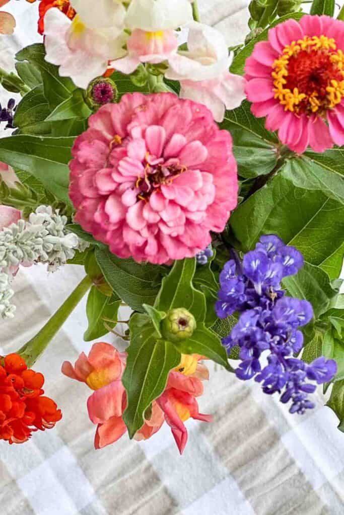 colorful summer flower arrangement with pink zinnias, snapdragons, and purple salvia on a white linen cloth