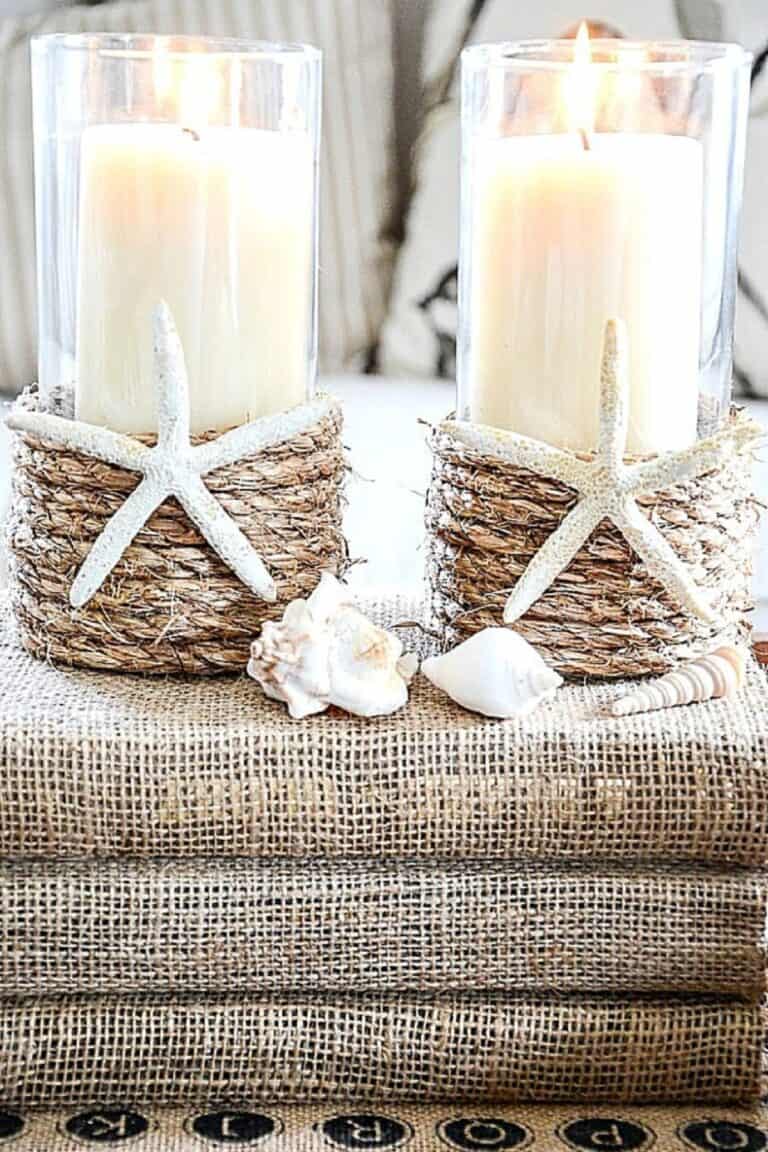 rope-wrapped candleholders on a burlap book
