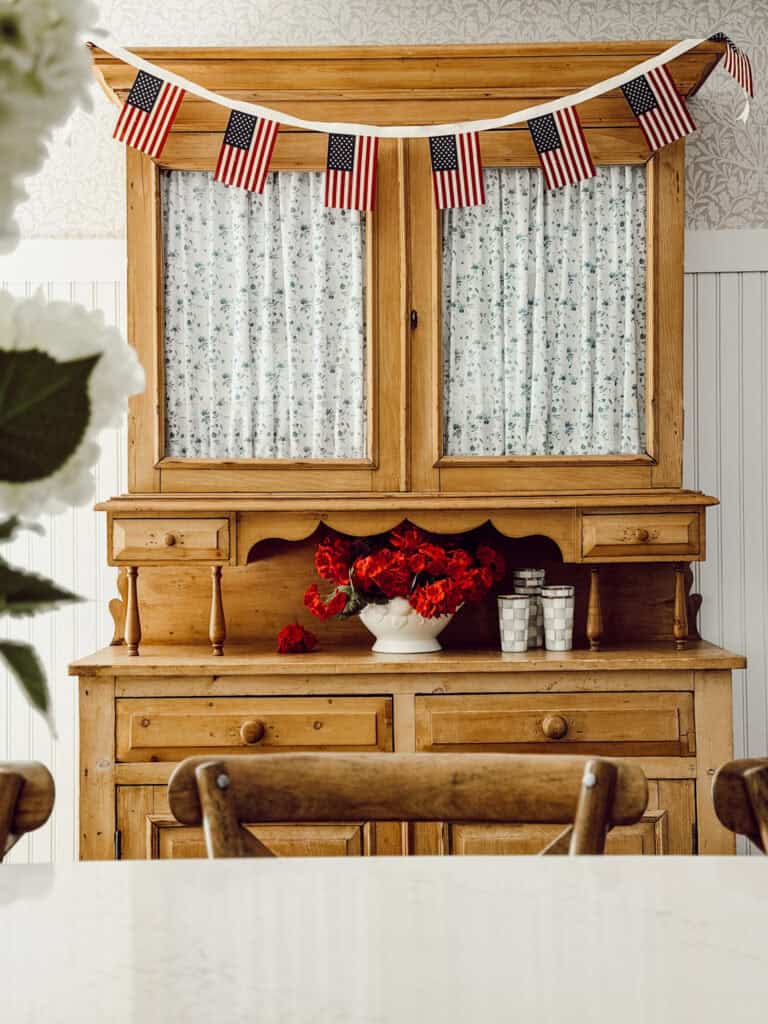 Beautiful oak hutch with American flag banner
