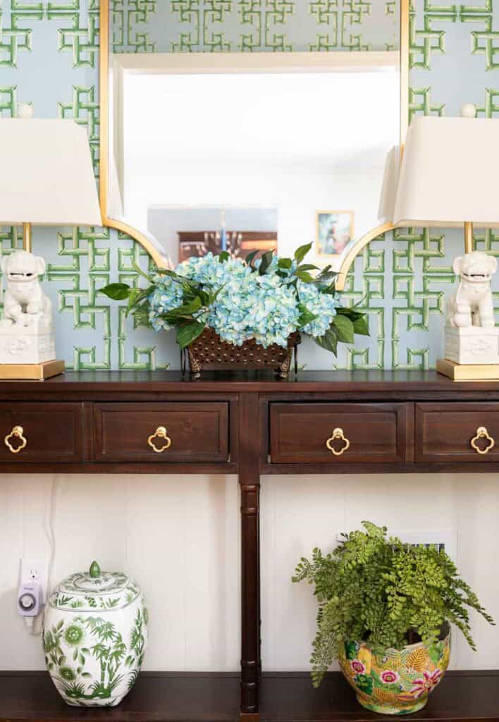 Console table with two Chinese dog lamps
