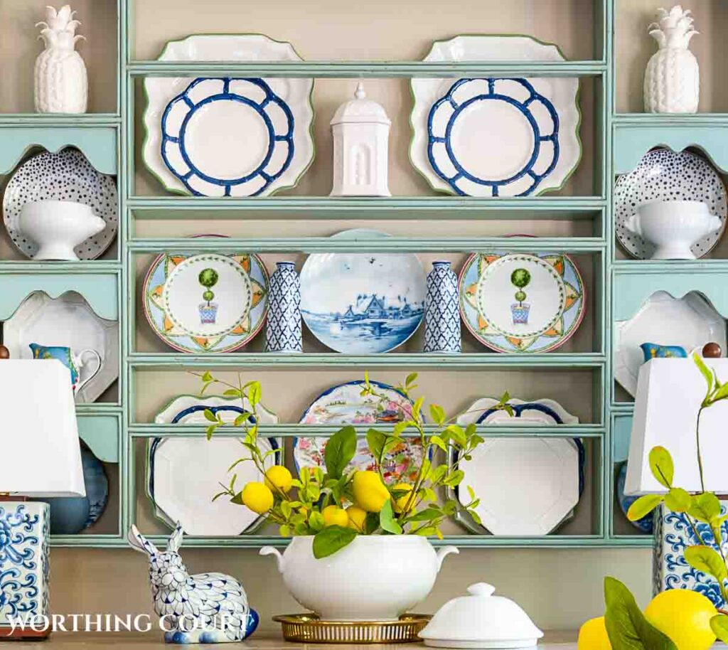 dish rack in blues, and greens