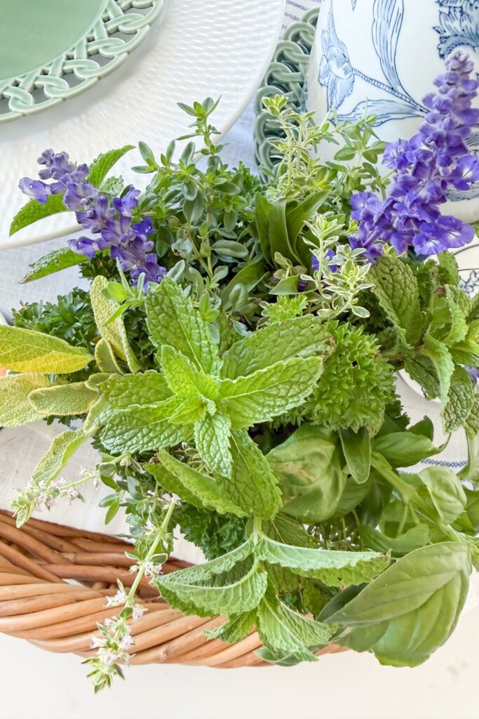 Fresh garden herbs including mint, sage, basil, parsley, and flowering salvia clipped from the garden and arranged in a small white pitcher as part of a patriotic kitchen island vignette.