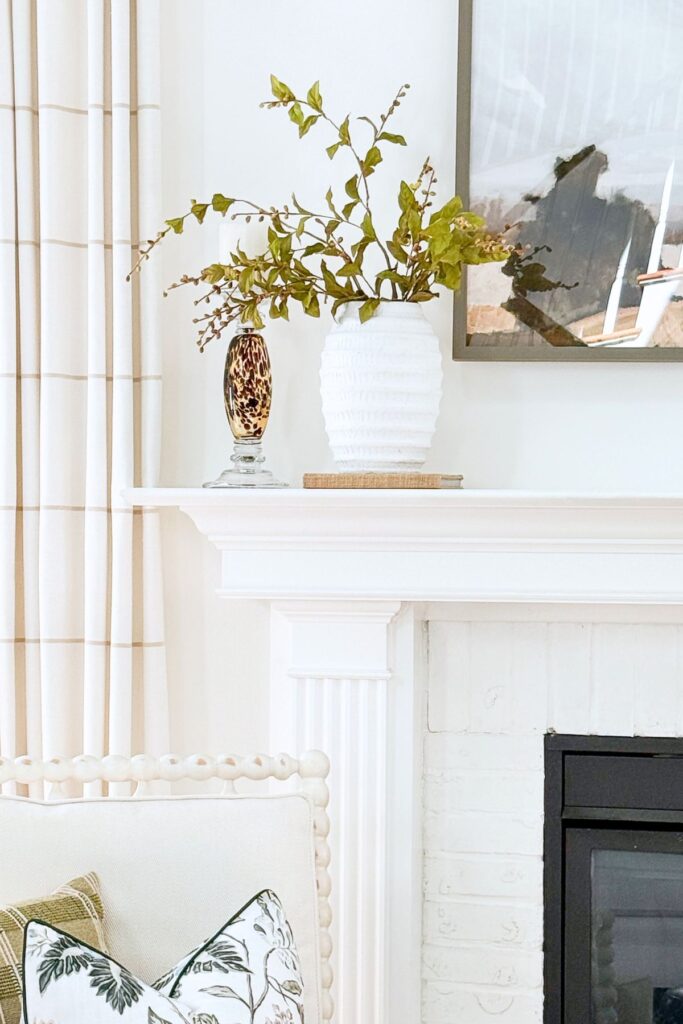 green plant in a pretty green and white pot on a mantel