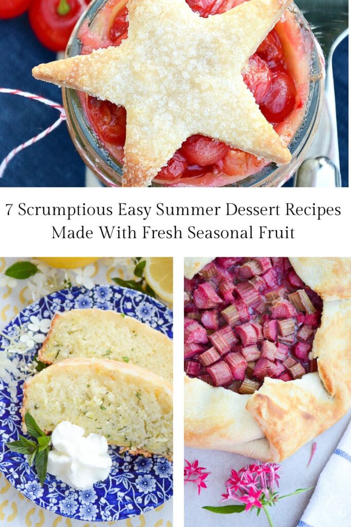 collage of easy summer dessert recipes including mini cherry pies in mason jars glazed lemon zucchini bread and rhubarb galette