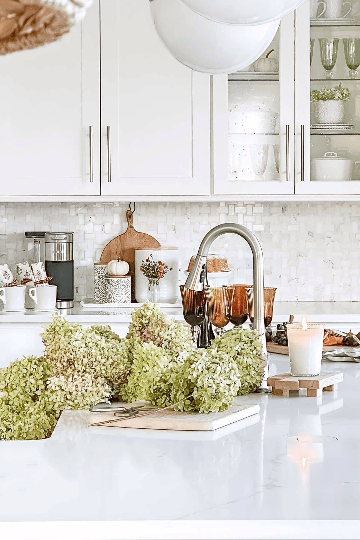 cut hydrangeas on a kitchen counter