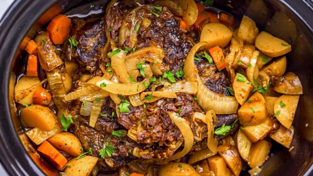 top view of beef stew in a crockpot