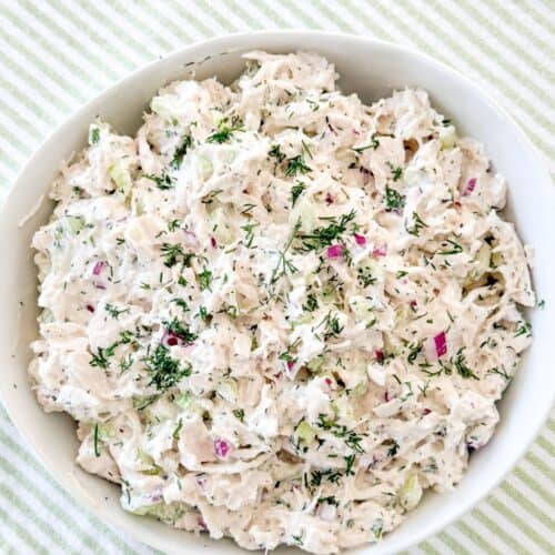 Overhead view of a full bowl of herby chicken salad with fresh dill, celery, and red onion