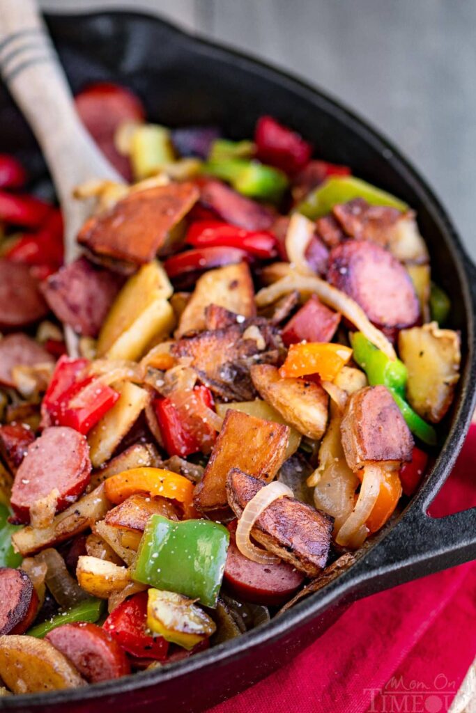 kielbasa, pepper, and onions + potatoes in a one pan meal
