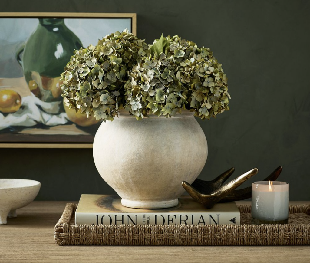 vase of faux dried green hydrangeas