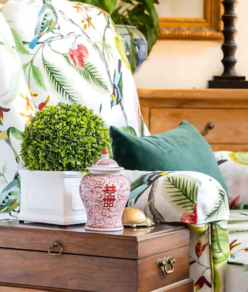 colorful wing-back chair in a living room