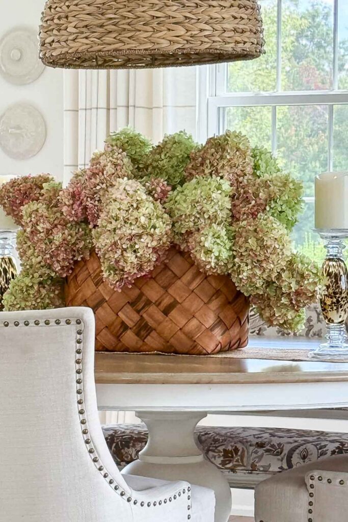 Dried pink and green hydrangeas overflowing from a woven basket on a dining table for fall decorating