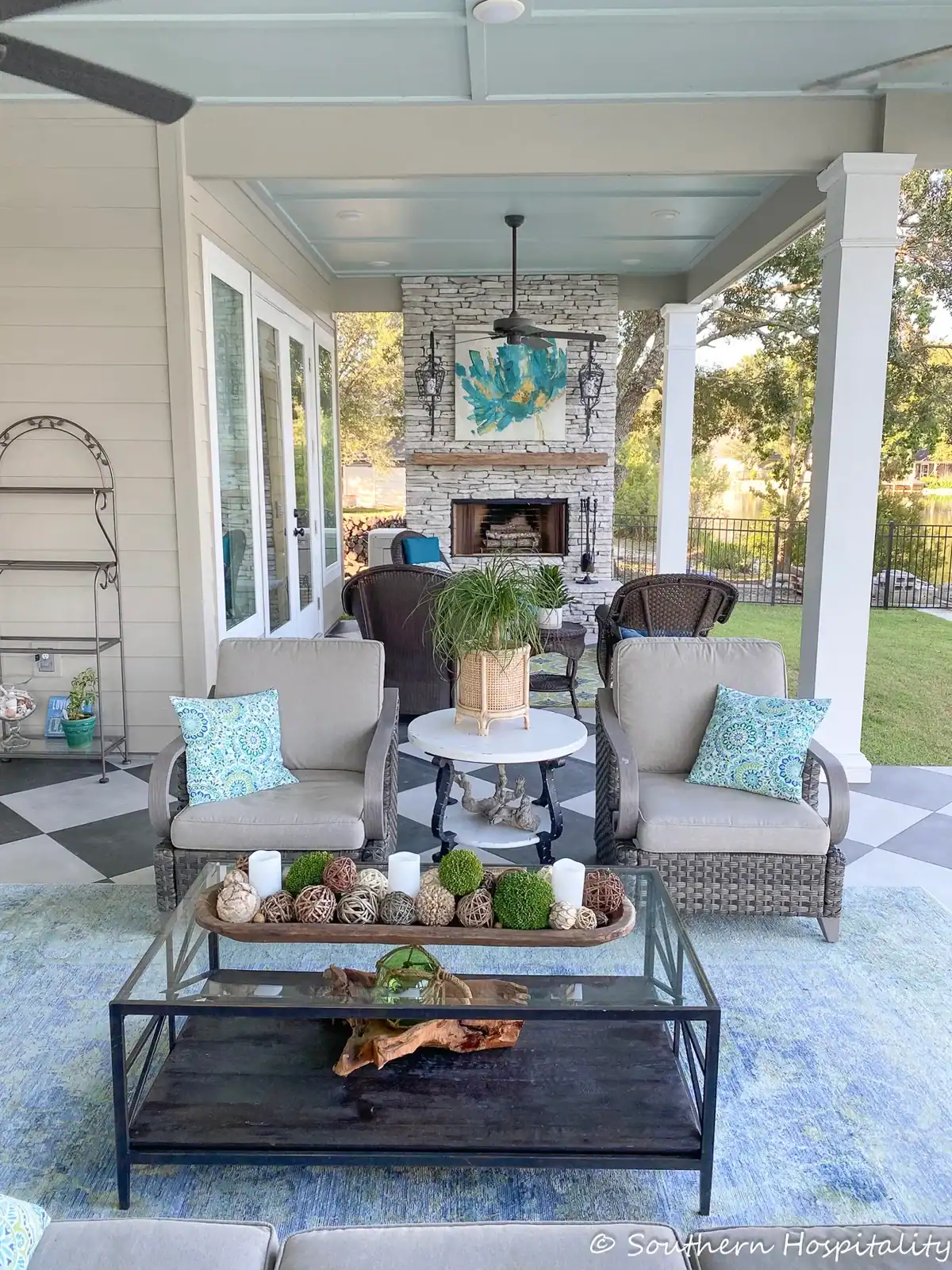 lakeside porch with black and white tile