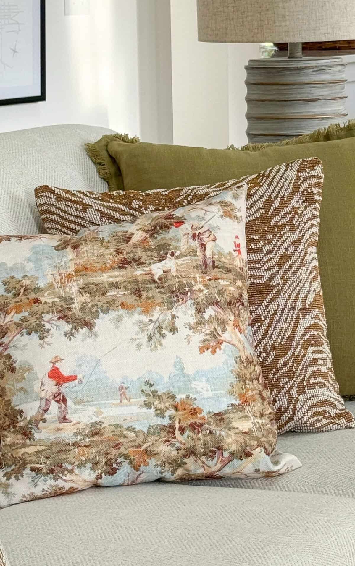 a trio of fall pillows on a neutral sofa