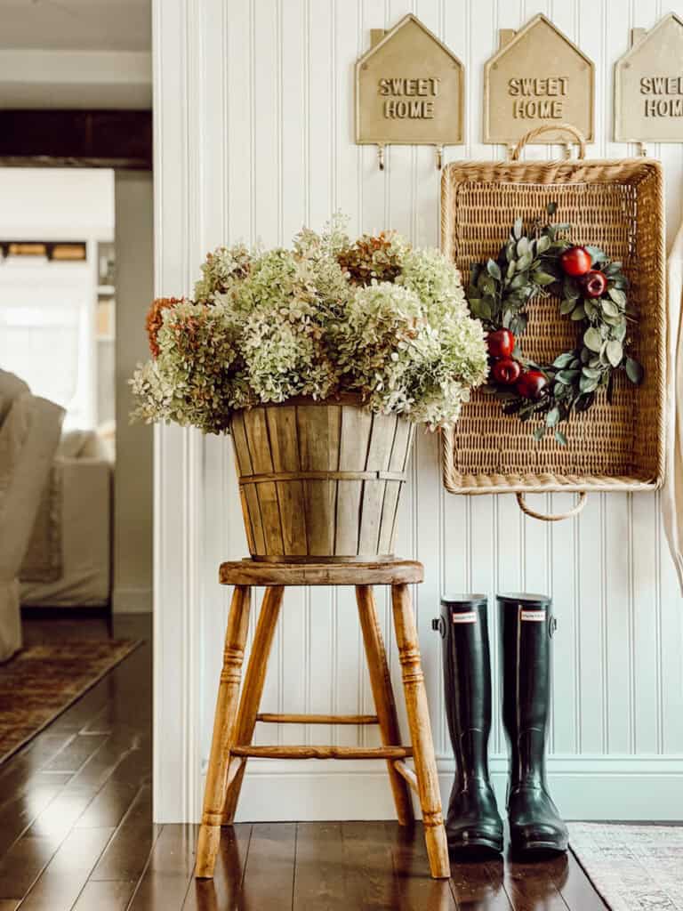 hydrangeas in a basket on a stool