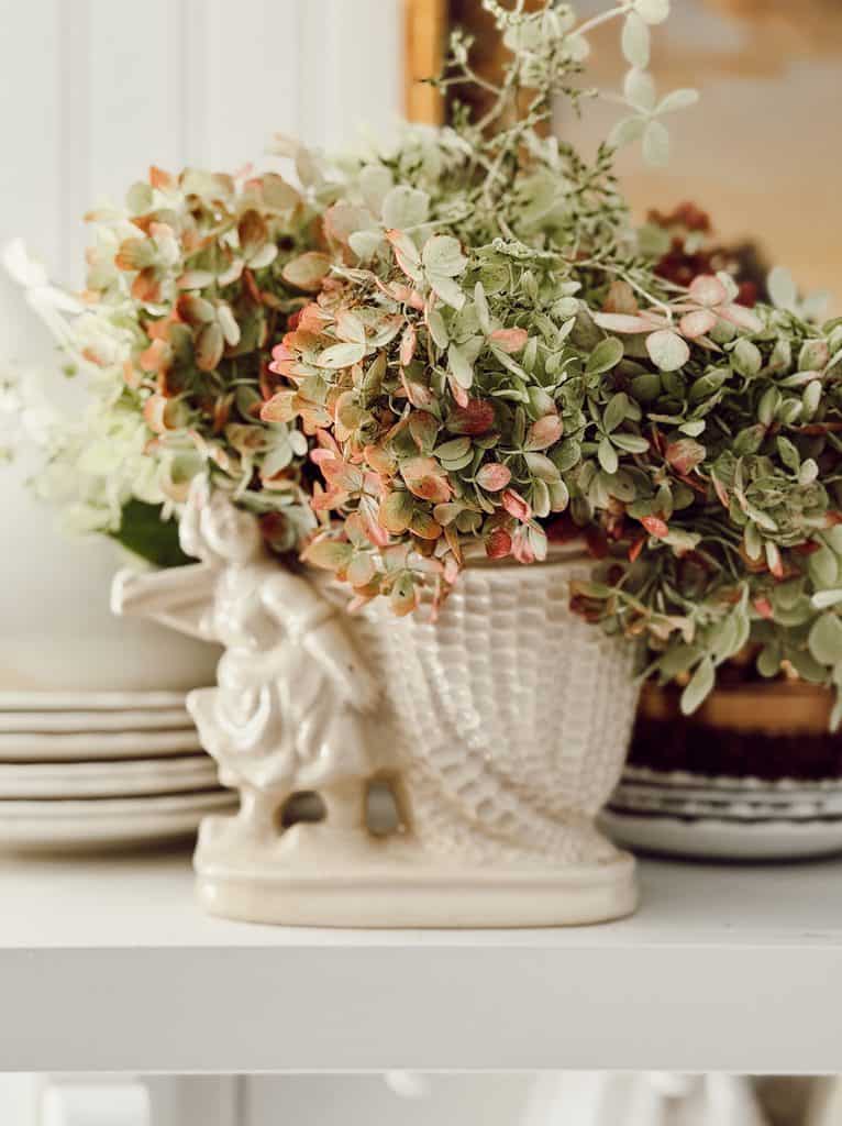 dried hydrangeas in a white vase