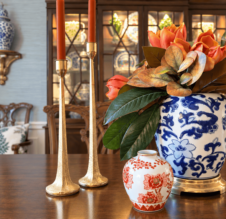 fall arrangement in a chinoiserie vase
