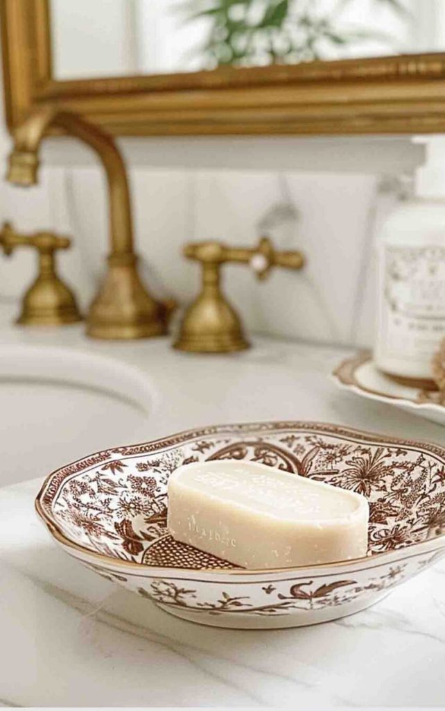 Brown and white transferware dish used as a soap dish on a white marble bathroom vanity with a brass faucet and gold framed mirror