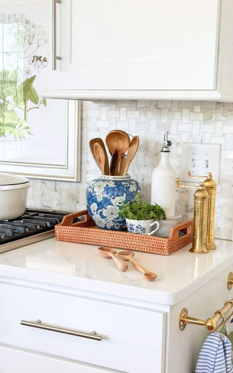 kitchen counter with items used at the stove