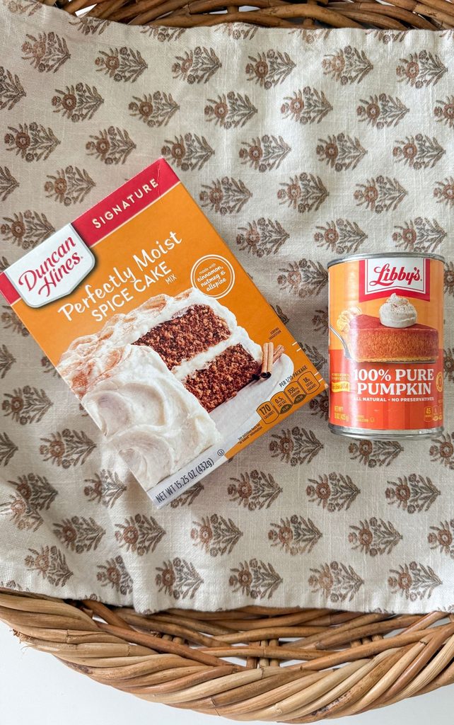 Duncan Hines spice cake mix and a can of Libby's 100% pure pumpkin, the two ingredients for pumpkin spice cookies