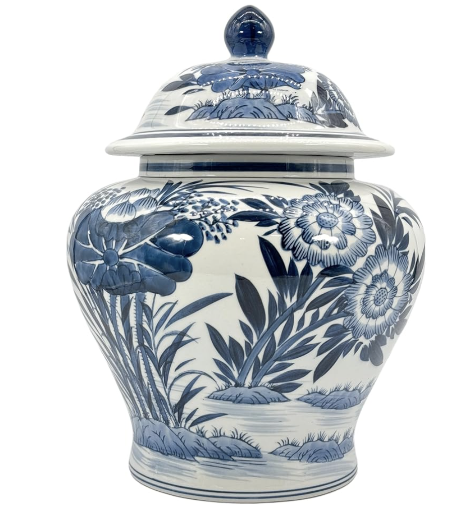 blue and white ginger jar with a top