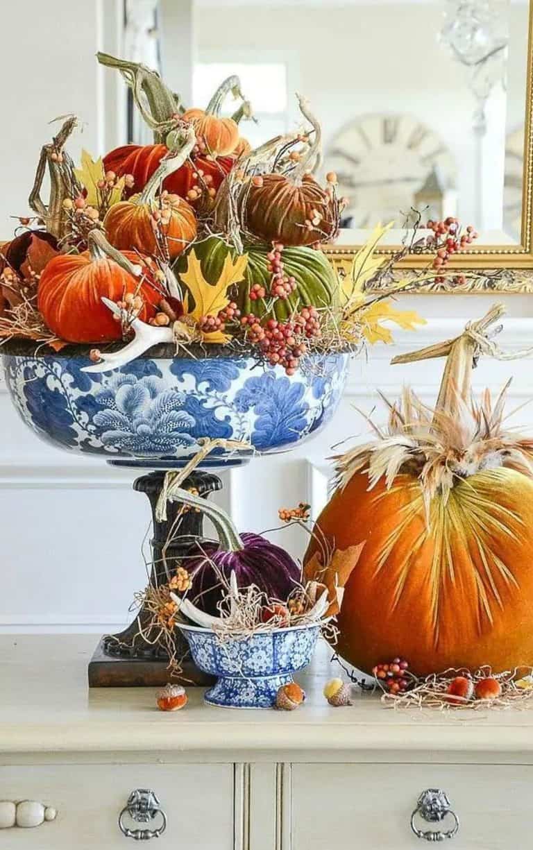 urn of velvet pumpkins