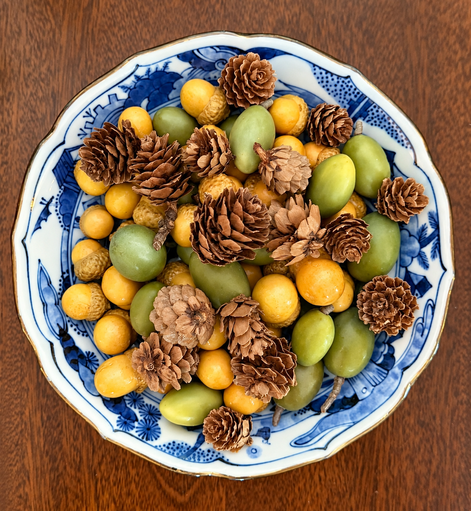 bowl of pods and pinecones