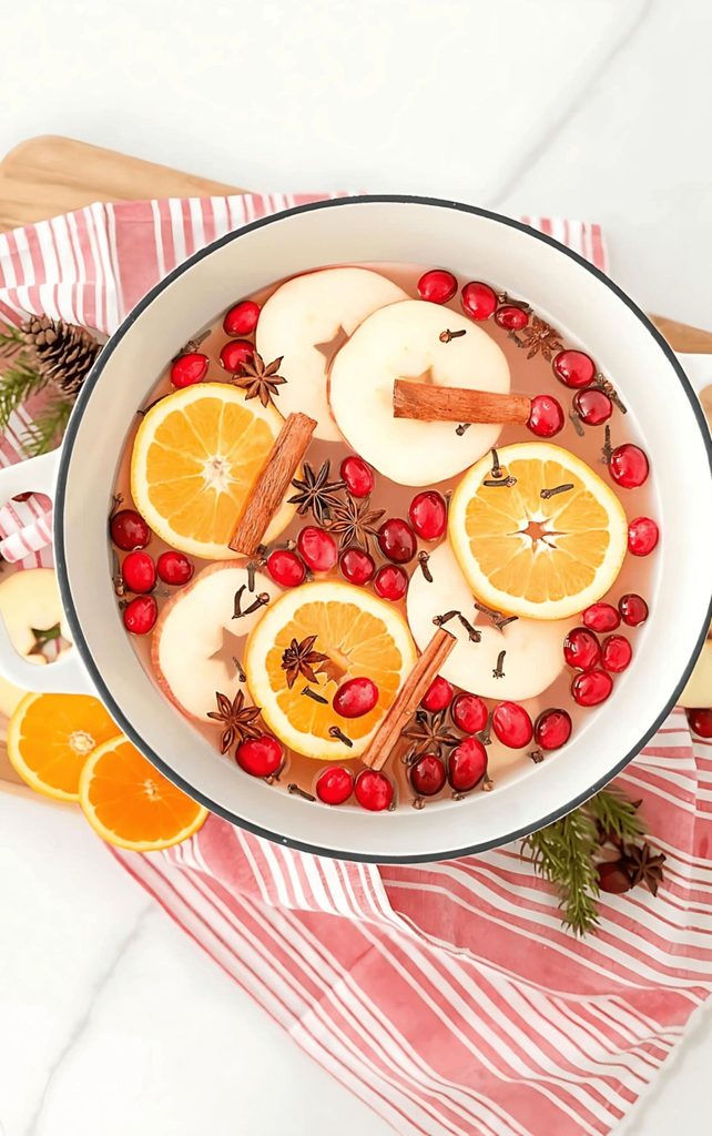 Pot of mulled cider with orange slices, apple slices, fresh cranberries, cinnamon sticks, star anise, and cloves on a red striped towel, a cozy Sunday Home holiday ritual